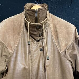 Unique vintage knee length leather jacket , western/ Denver style